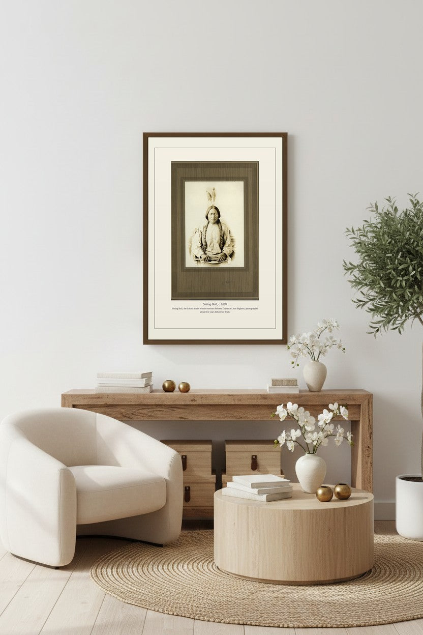Sitting Bull portrait print beside a cream armchair and console table