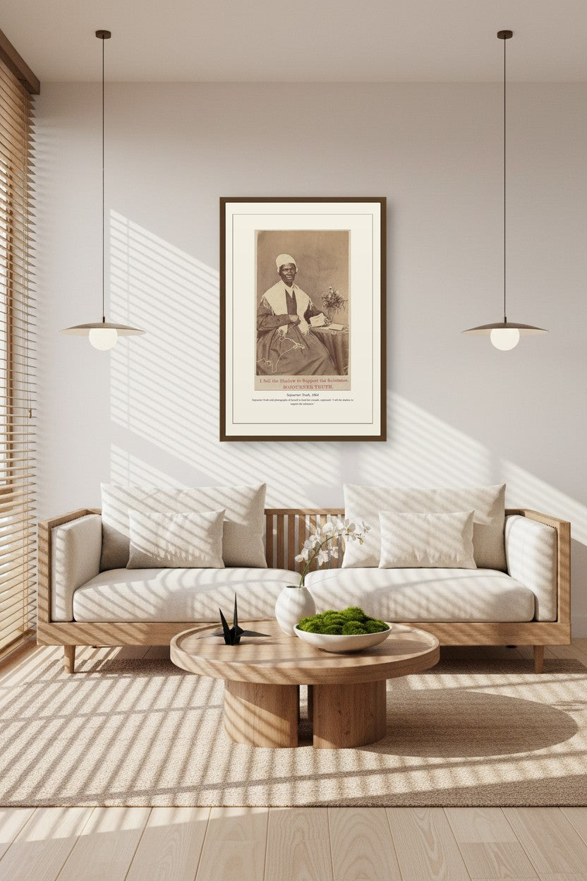 Sojourner Truth photograph framed in a sunlit room with rattan pendant lights