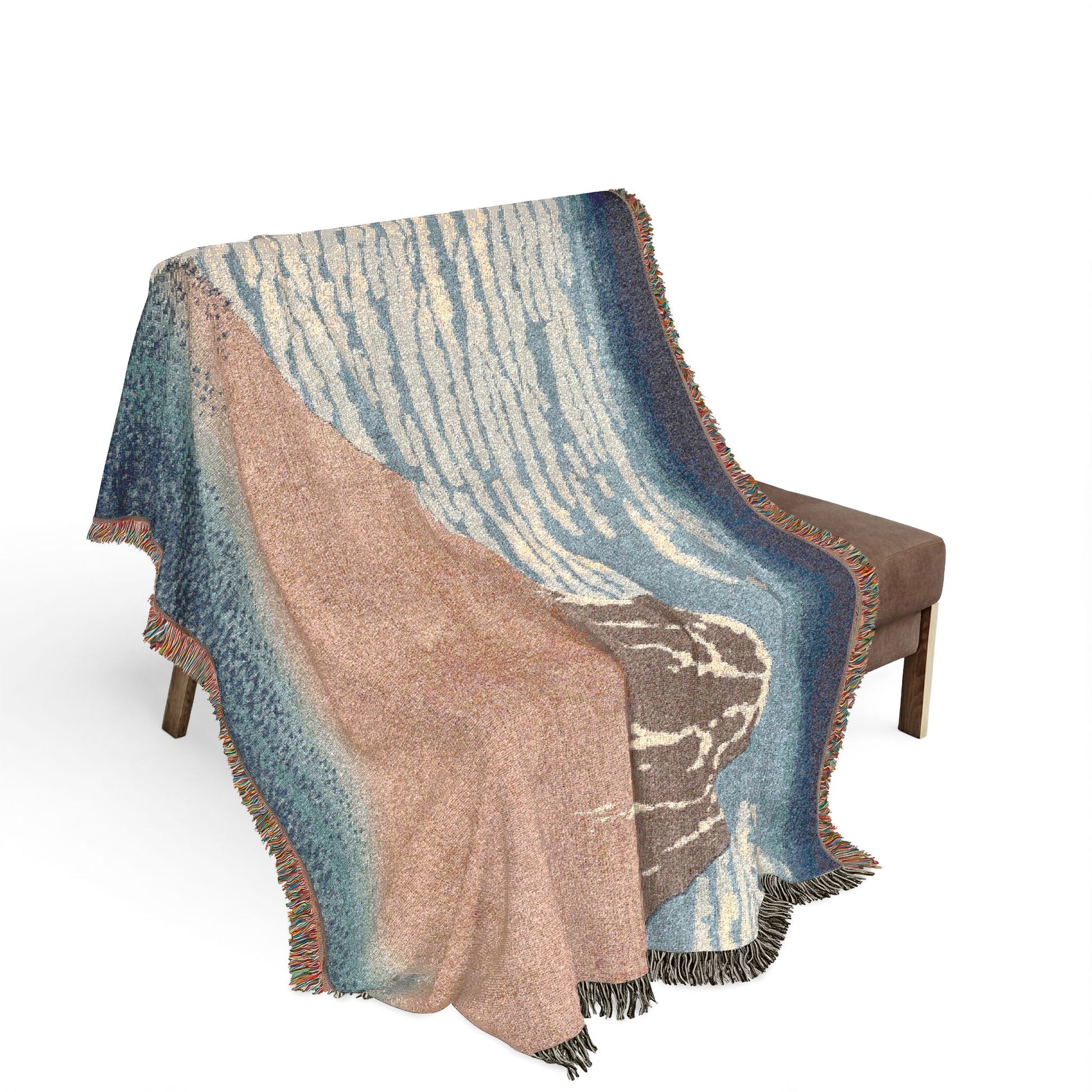 South Wind Clear Sky throw blanket draped over bench terracotta mountain slope blue sky clouds fringed border
