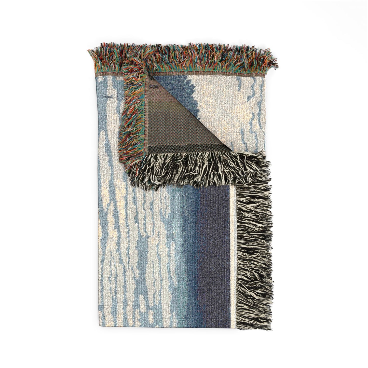 South Wind Clear Sky throw blanket folded blue cloud streaks front dark reverse corner multicolor fringe detail
