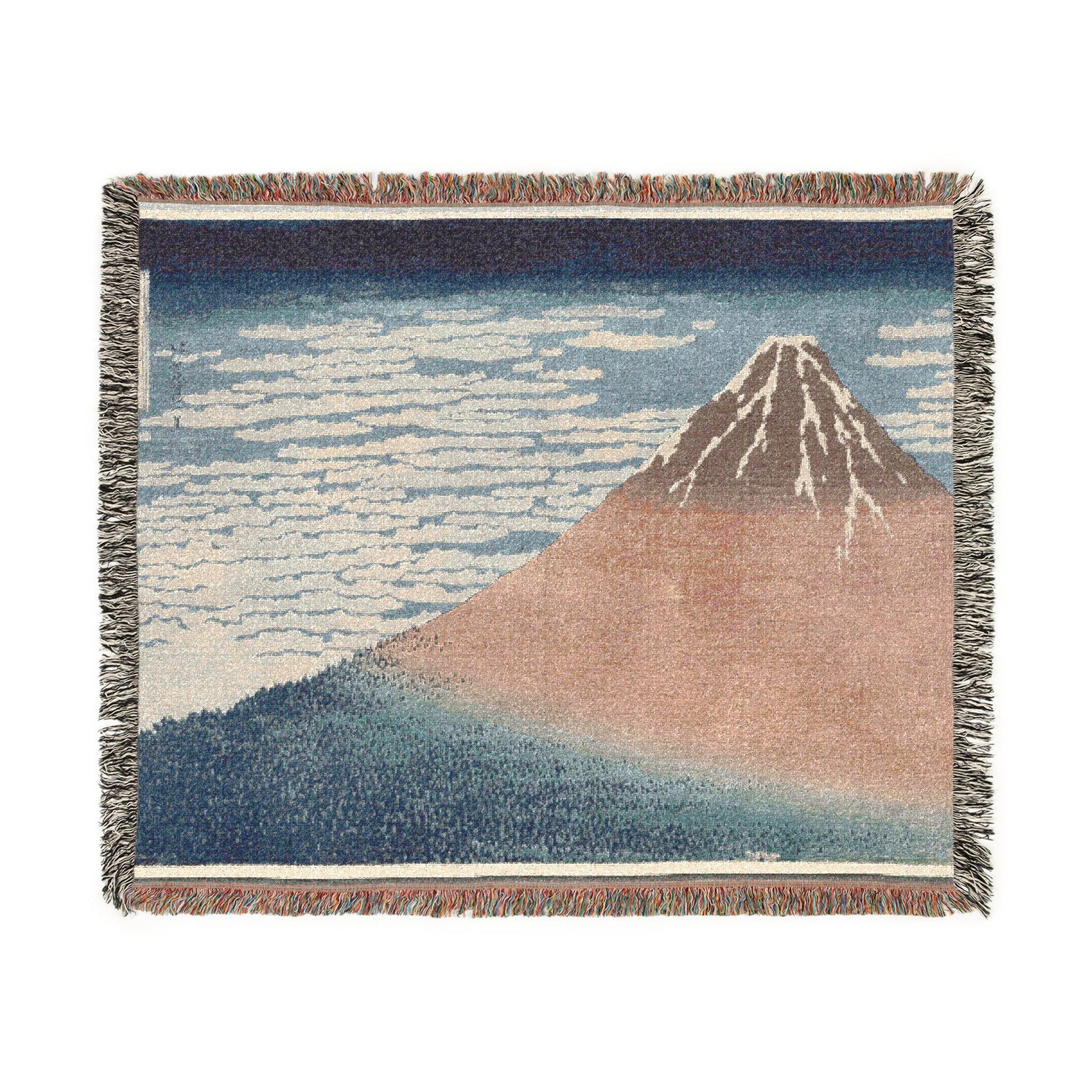 South Wind Clear Sky woven throw blanket flat lay Hokusai Red Fuji terracotta mountain blue sky white clouds fringe