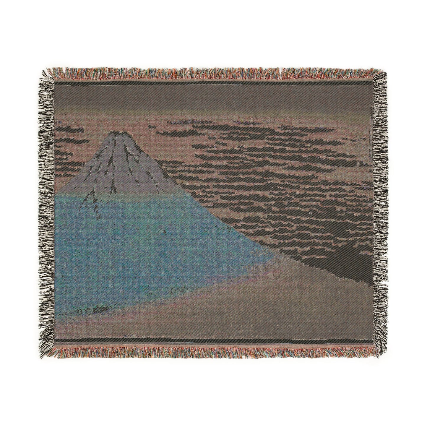 South Wind Clear Sky throw blanket reverse flat lay dark taupe grey muted mountain silhouette cloud pattern fringe