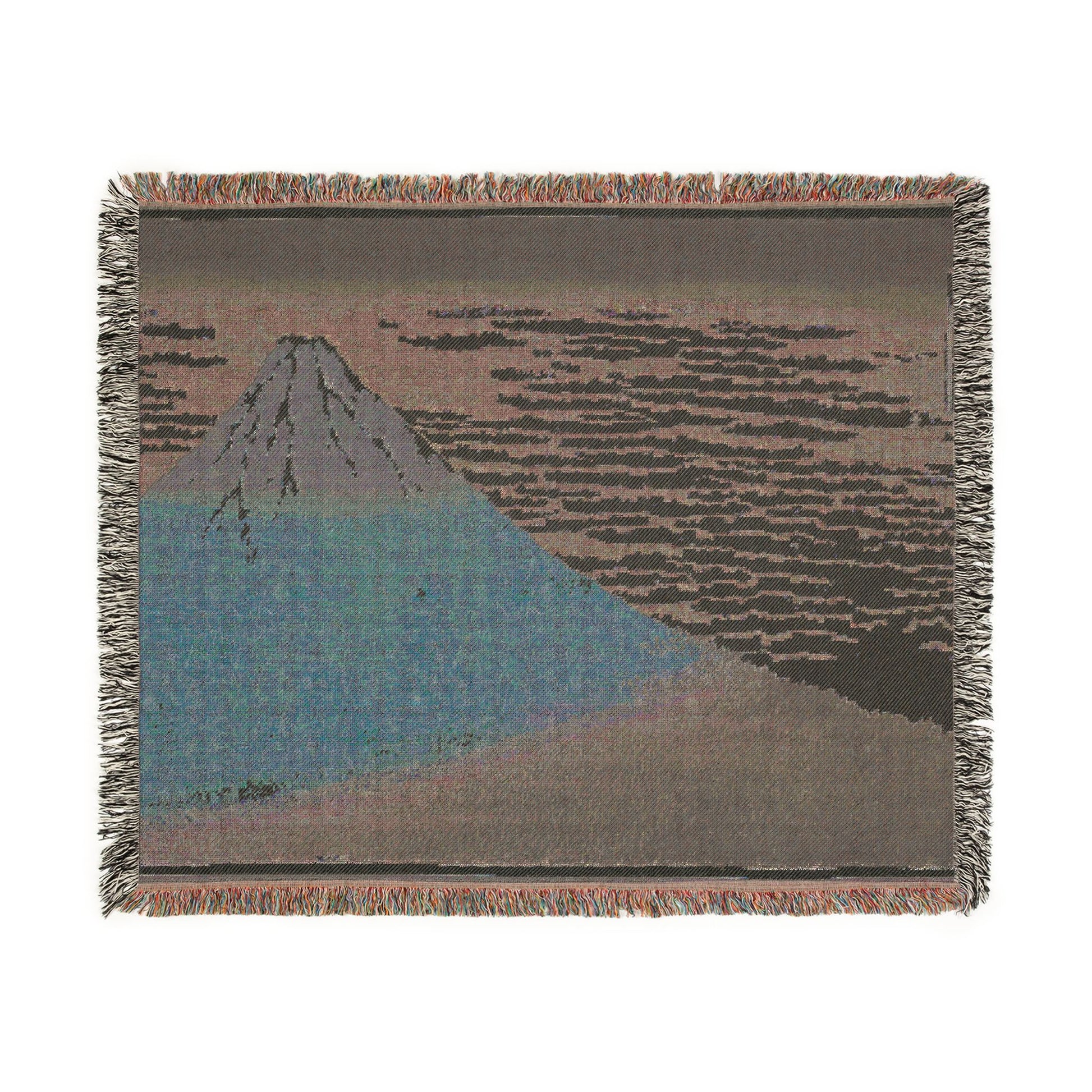 South Wind Clear Sky throw blanket reverse flat lay dark taupe grey muted mountain silhouette cloud pattern fringe