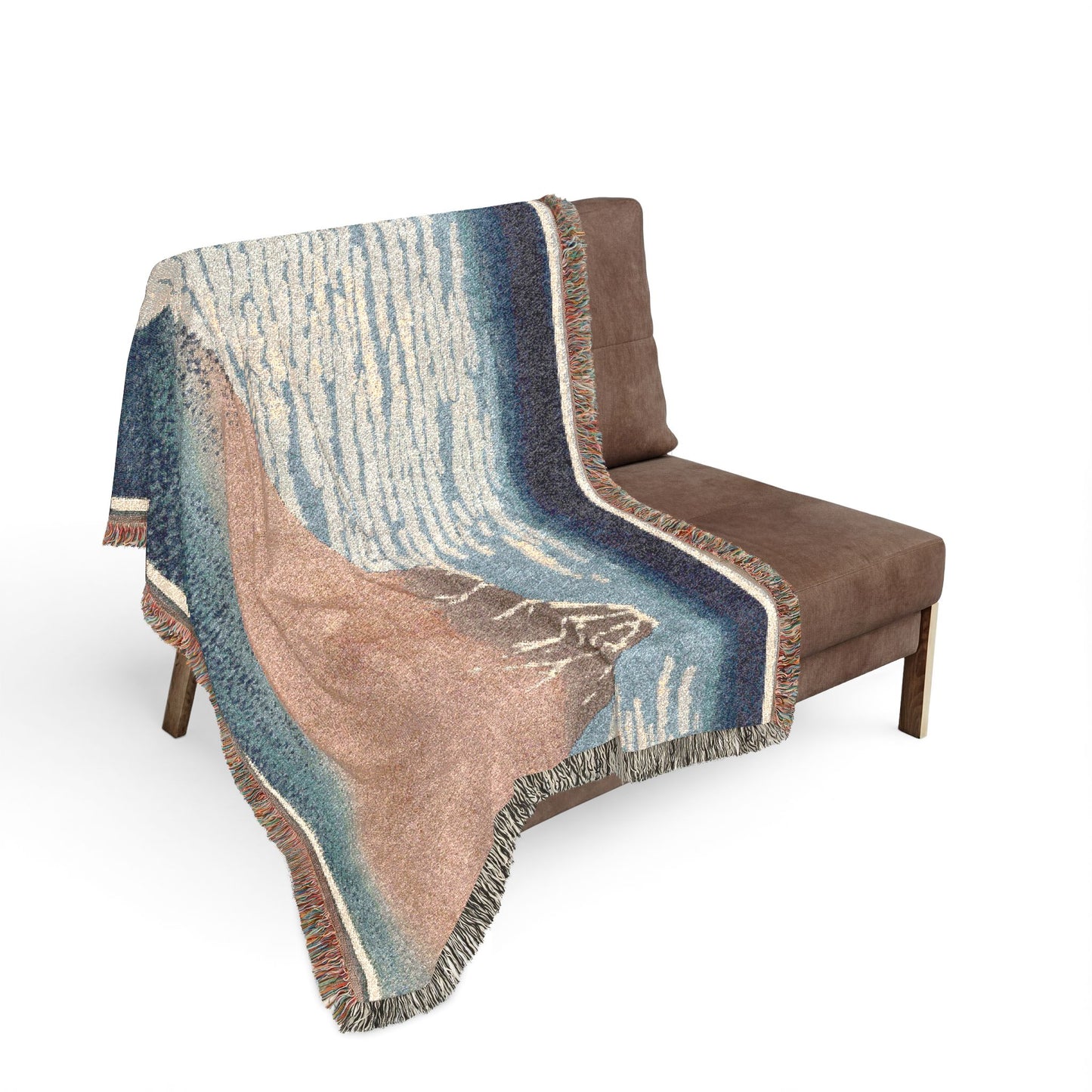 South Wind Clear Sky throw blanket on sofa terracotta Fuji mountain blue sky white clouds snow cap fringed
