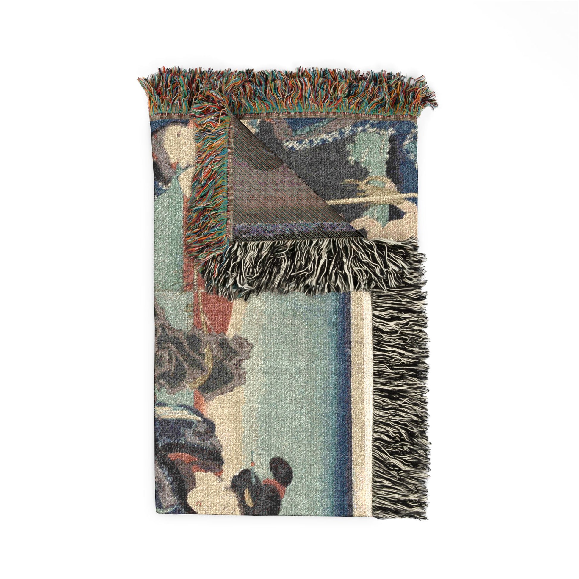 Splendid View at Futamigaura Bay woven throw blanket corner fold, teal coastal front and dark charcoal reverse