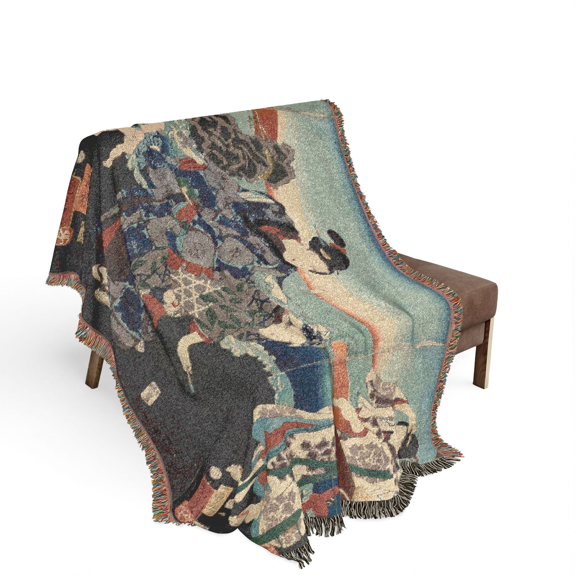 Splendid View at Futamigaura Bay woven throw blanket on bench, ukiyo-e style kimono figures and blue-teal coastal bay