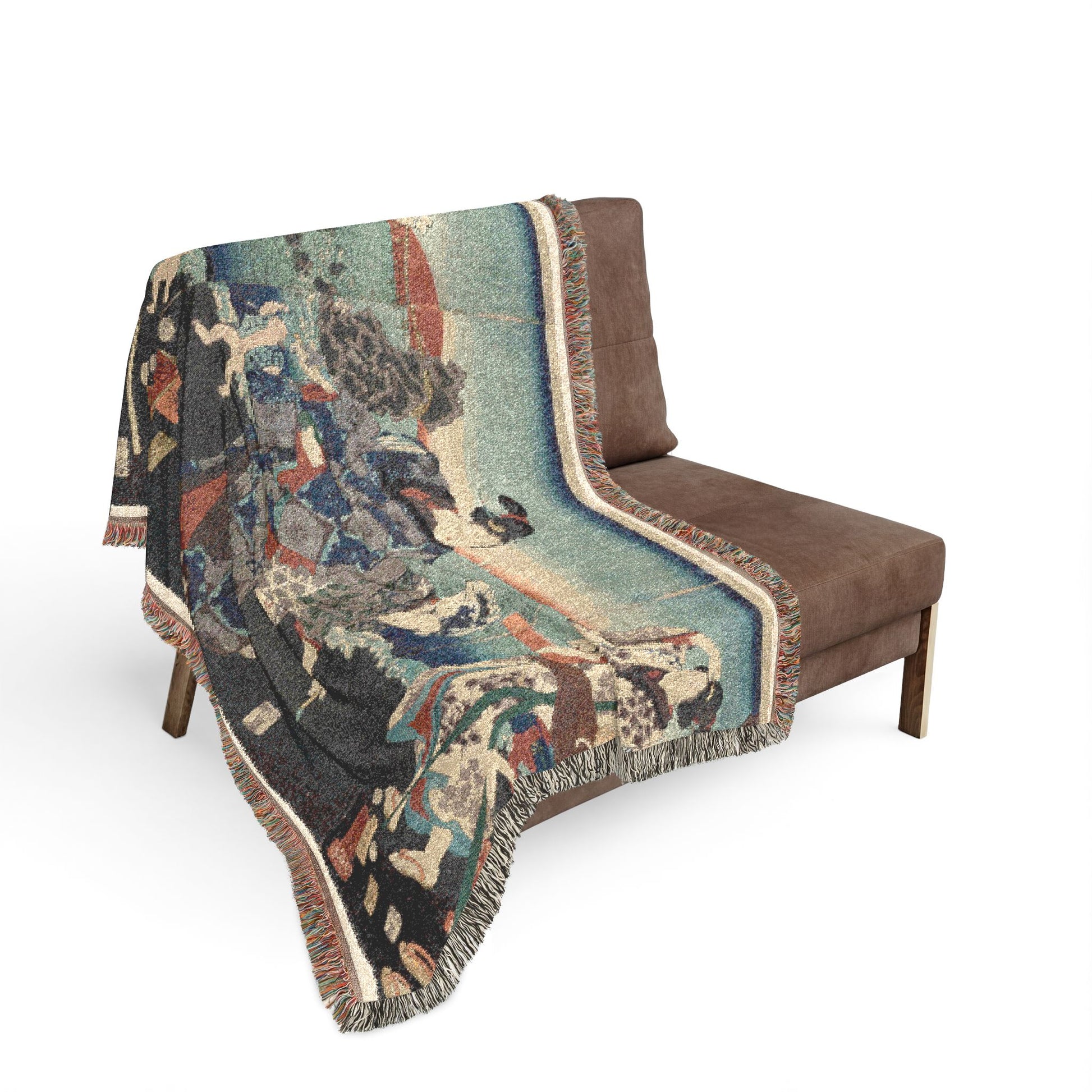 Splendid View at Futamigaura Bay woven throw blanket over sofa back, dark coastal ukiyo-e scene with teal bay view