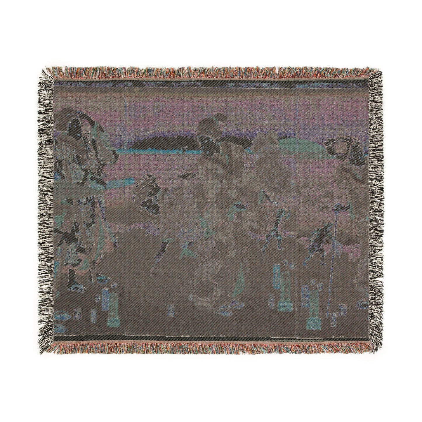 Splendid View at Futamigaura Bay woven throw blanket reverse, charcoal with muted teal ukiyo-e figure silhouettes
