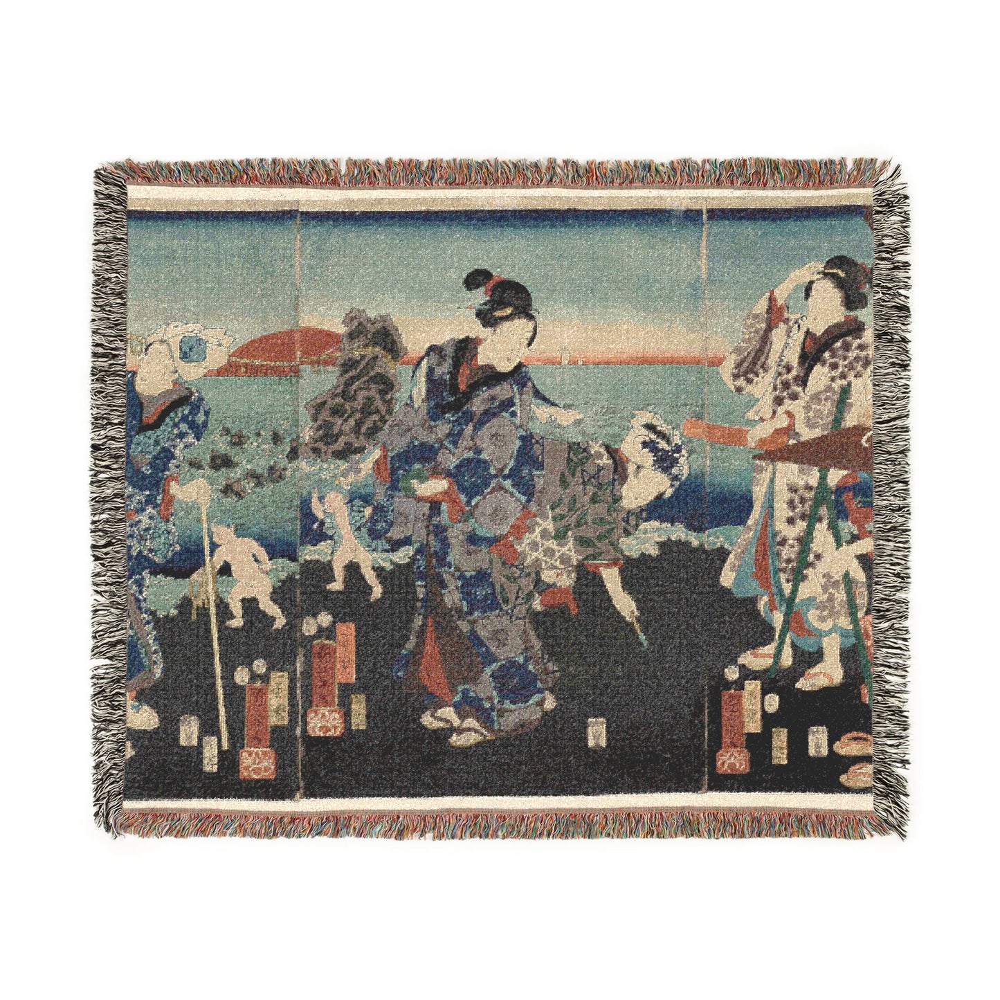 Splendid View at Futamigaura Bay woven throw blanket, Japanese ukiyo-e women in kimono at blue coastal scene