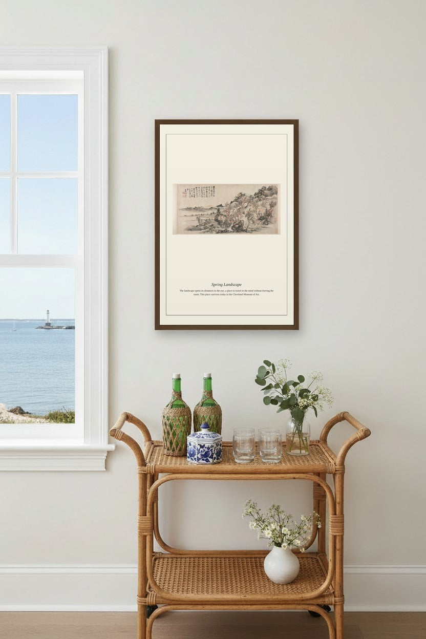 Spring Landscape framed above a rattan bar cart by a coastal window