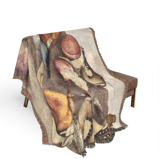 Still Life Birds and Fruit blanket on wooden bench, bird and fruit painting visible, warm brown tones, fringe edge
