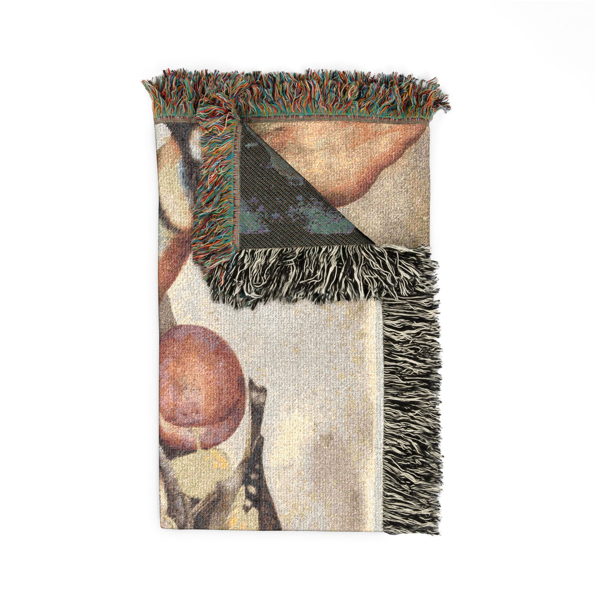 Still Life Birds and Fruit blanket corner fold, bird and fruit art partial view, warm beige tones, blue reverse, fringe