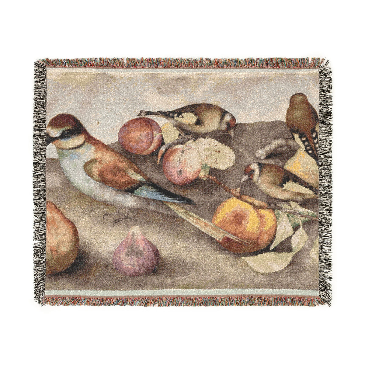 Still Life with Birds and Fruit woven blanket front, songbirds among peaches figs pears, warm beige tones, fringe