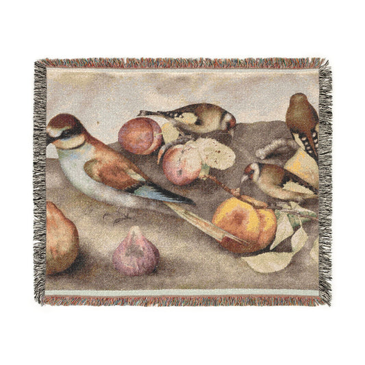 Still Life with Birds and Fruit woven blanket front, songbirds among peaches figs pears, warm beige tones, fringe