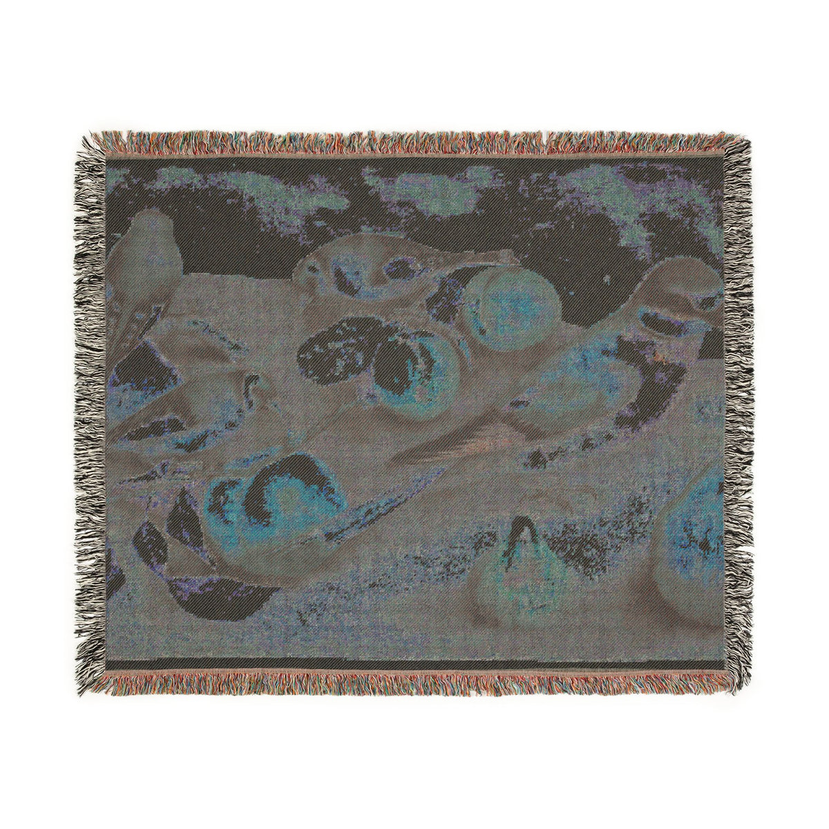 Still Life Birds and Fruit blanket reverse side, blue-gray muted birds and fruit forms barely visible, fringe edge