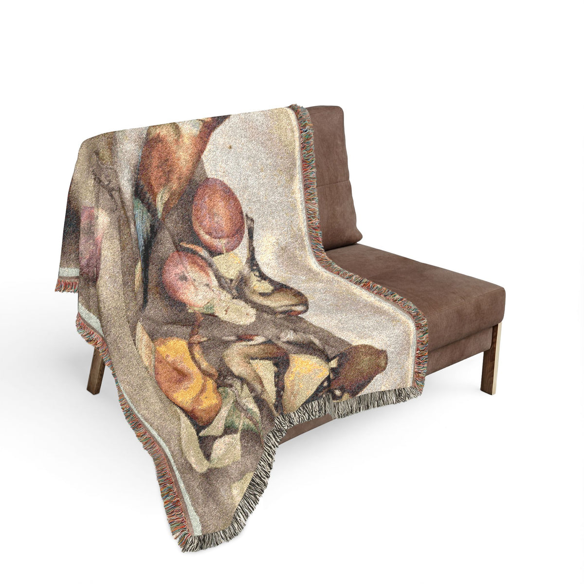 Still Life Birds and Fruit blanket draped on gray armchair, bird and fruit composition in warm beige-brown tones, fringe