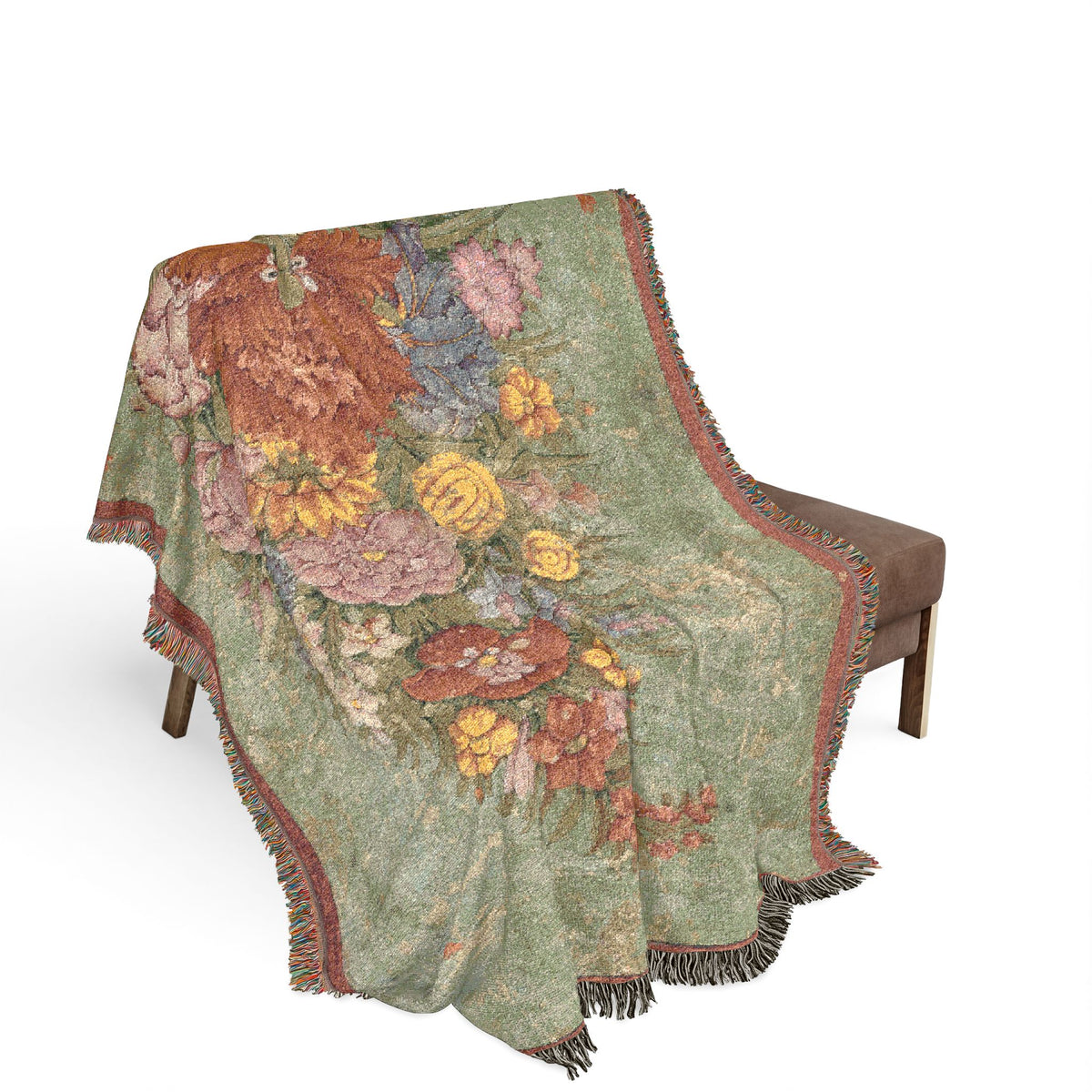 Still Life Bouquet of Flowers throw blanket draped over a bench, teal bouquet cascading over seat and sides