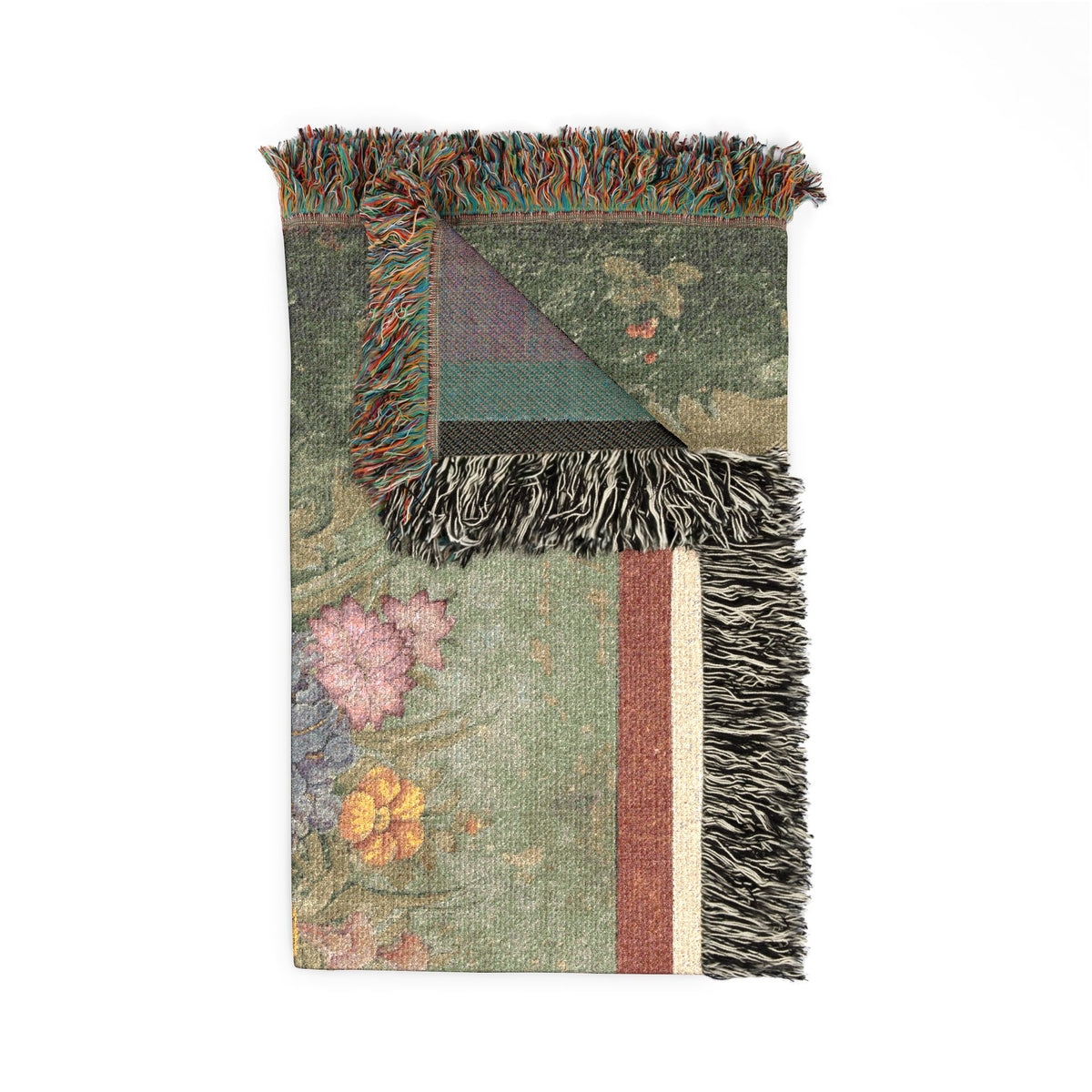 Still Life Bouquet of Flowers throw blanket folded, front bouquet and corner of muted reverse with fringe