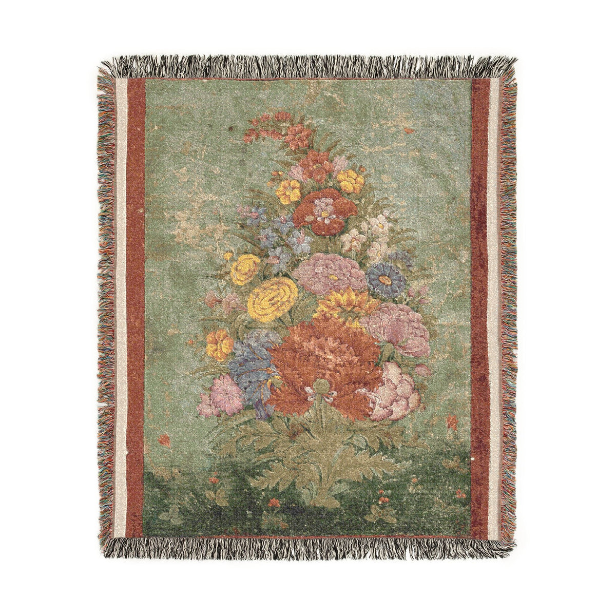 Still Life Bouquet of Flowers throw blanket flat front, roses and mixed blooms on dark teal ground