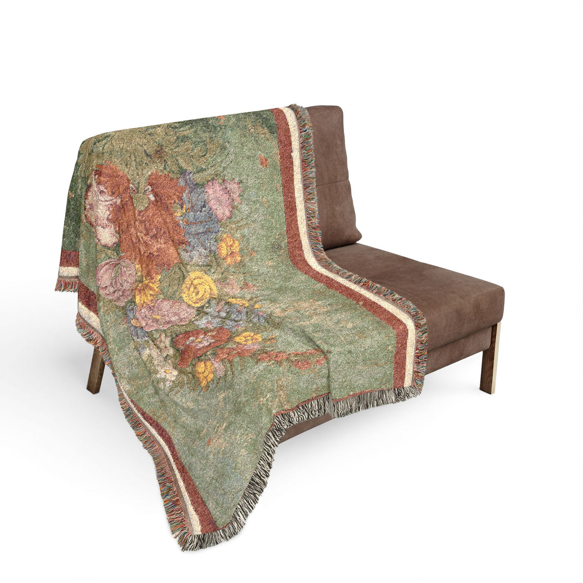 Still Life Bouquet of Flowers throw blanket over a sofa, bouquet on dark teal spanning from back to seat
