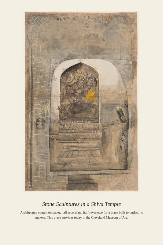 Stone Sculptures in a Shiva Temple — a restored antique religious art print
