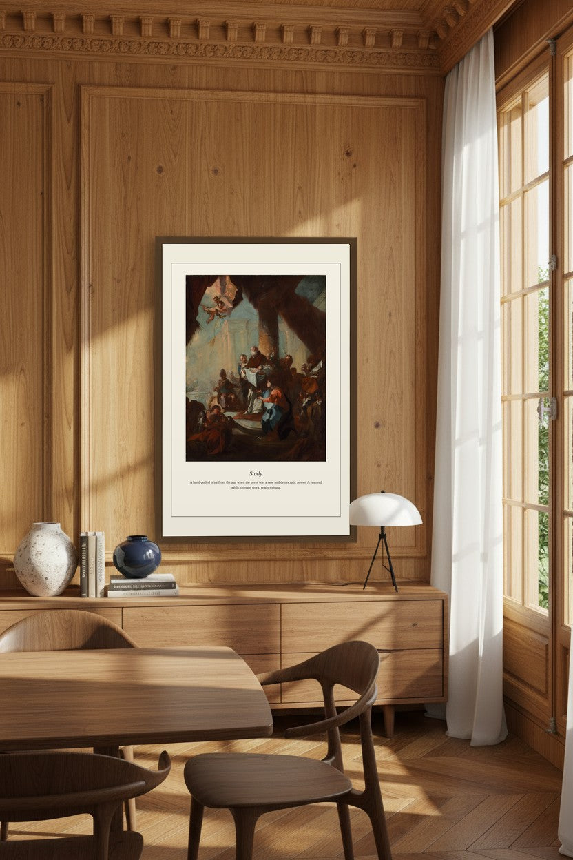 A framed art print featuring a classical painting hangs on a wood-paneled wall in a warm, modern dining room with wooden chairs and a table.