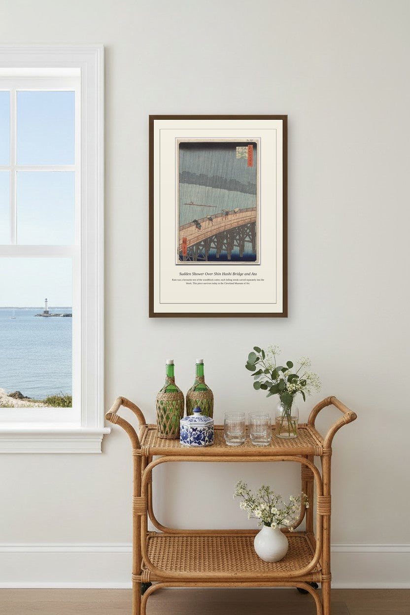 Sudden Shower Over Shin Hashi Bridge framed print on a coastal wall above a rattan bar cart