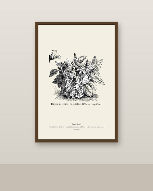 Sweet Basil print framed in walnut, resting on a light wood sideboard beside a table lamp and bowl