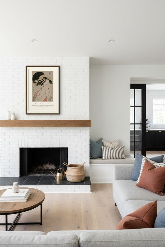 Takigawa of the Giya above a white sectional sofa with wall sconces