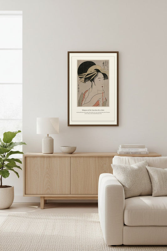 Takigawa of the Giya hung beside a window in a bright coastal-style room