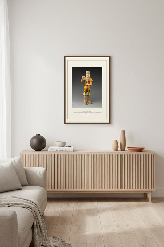 Tang Sancai Horse print above a light fluted wood sideboard in a living room