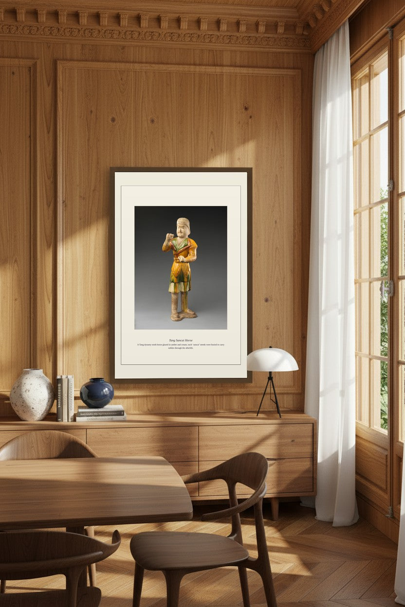 Tang Sancai Horse print in an elegant wood-paneled dining room with a table and chairs