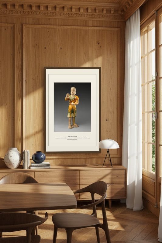 Tang Sancai Horse print in an elegant wood-paneled dining room with a table and chairs