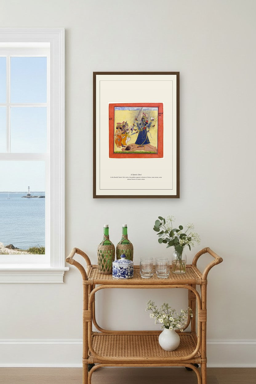 A Tantric Devi framed above a rattan bar cart beside a window with ocean view