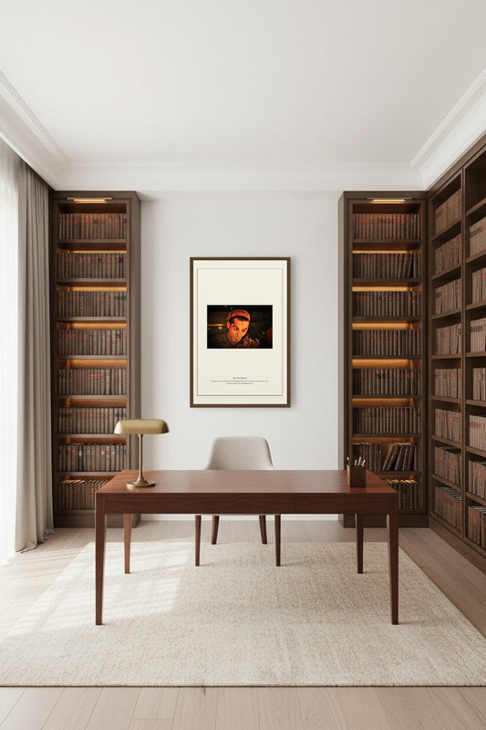 The Ten Avatars print framed between built-in bookshelves above a wooden desk and chair