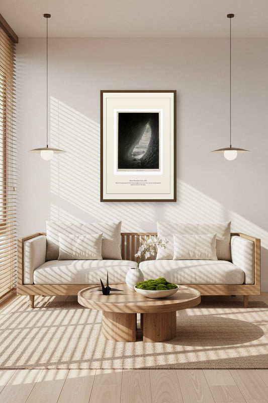 Terra Nova Ice Cave print hung in a sunlit Scandinavian living room with a round coffee table