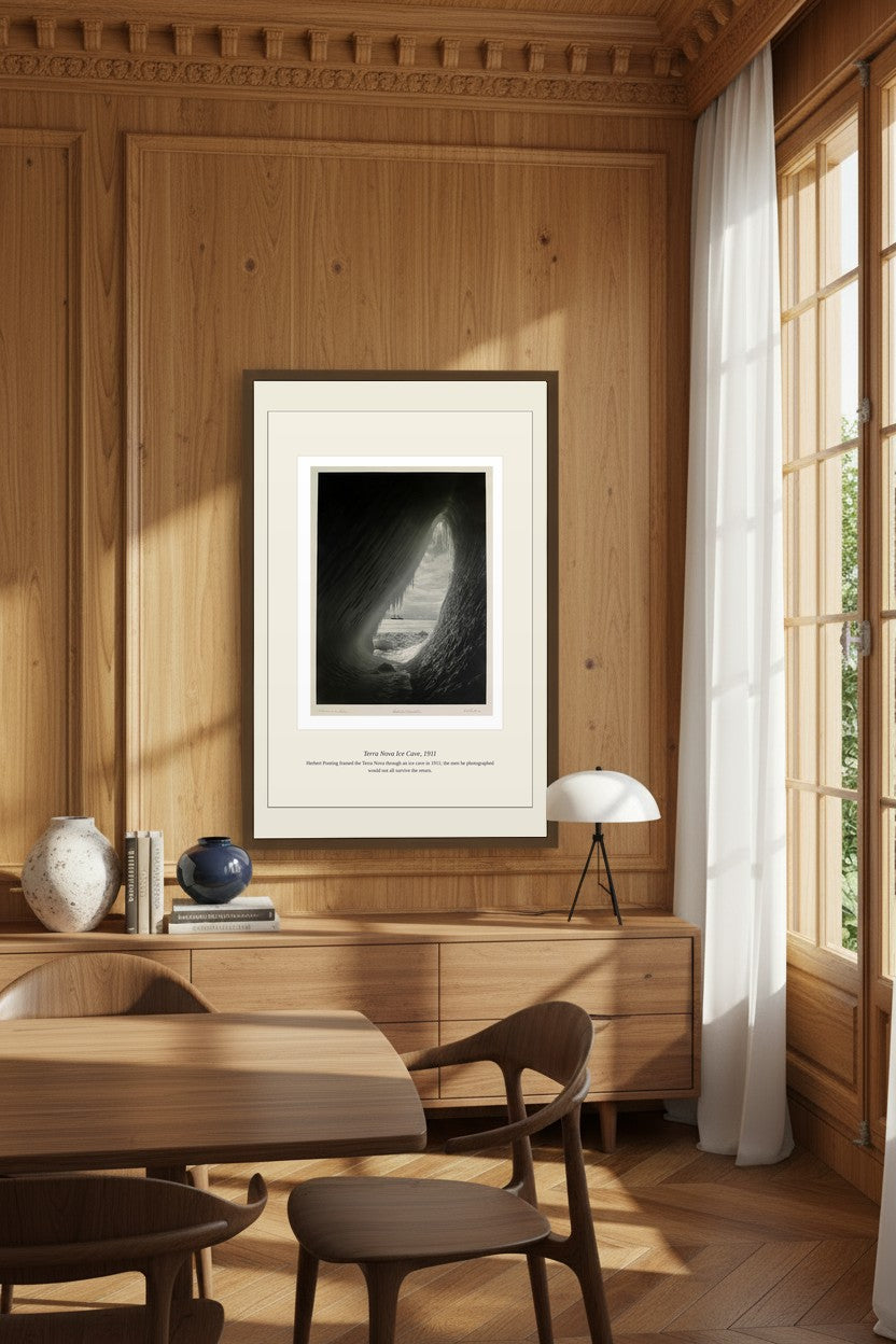Terra Nova Ice Cave print in an elegant wood-paneled dining room with a table and chairs