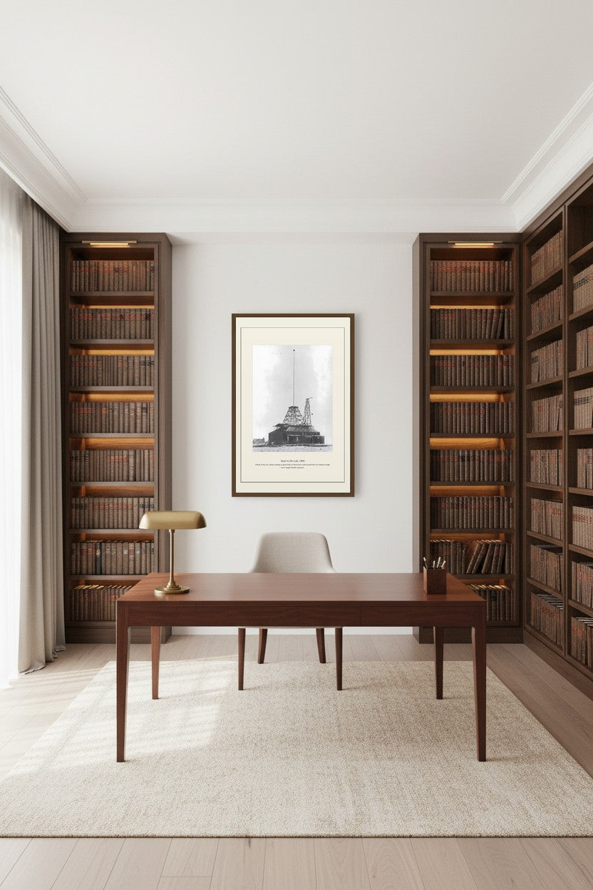 Black-and-white Tesla lab photo framed in a wood-paneled home library