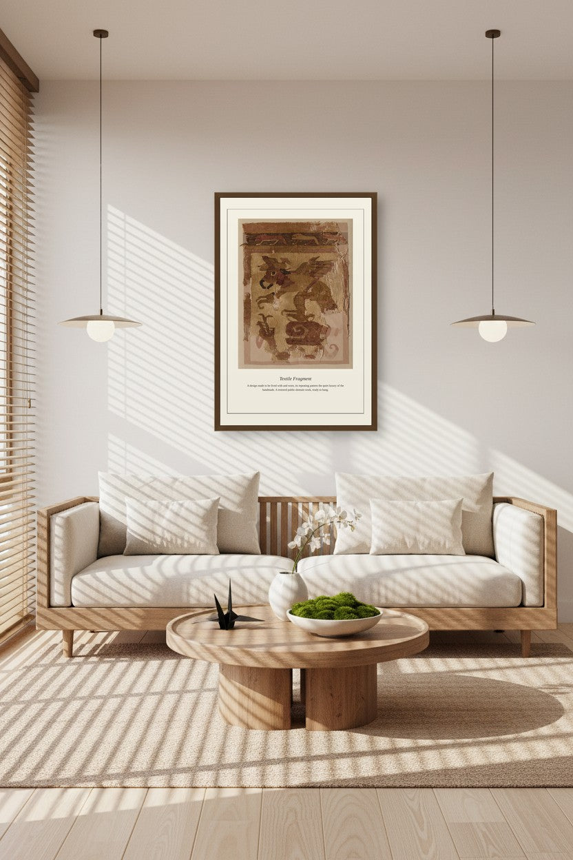 A framed art print featuring a vintage map of Africa hangs on a light beige wall above a modern wooden sofa in a bright, sunlit living room.