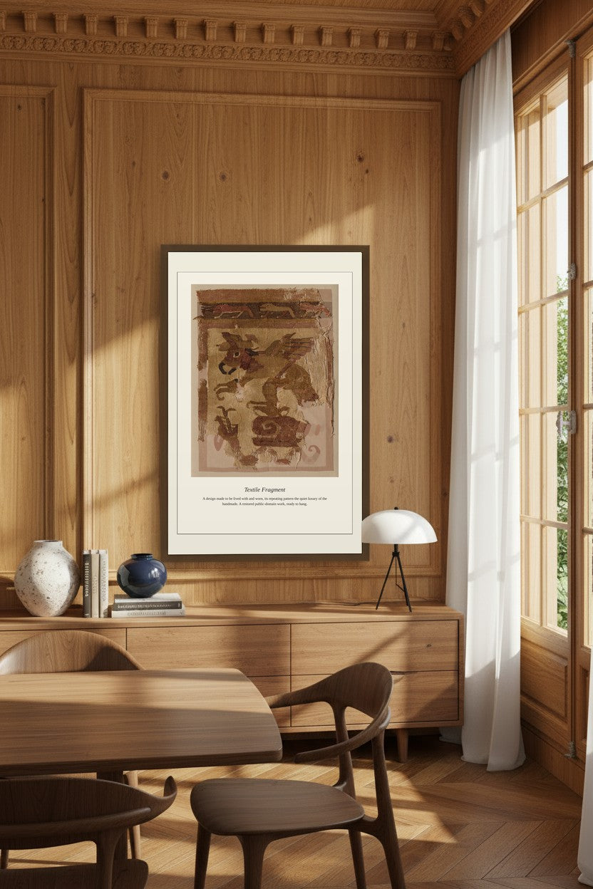 A framed art print featuring an antique-style map of Egypt hangs on a wood-paneled wall in a modern, sunlit dining room with wooden furniture and a window with white curtains.