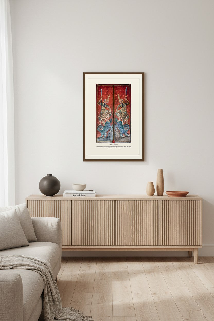 Thai temple guardian panel framed above a light wood sideboard in a living room