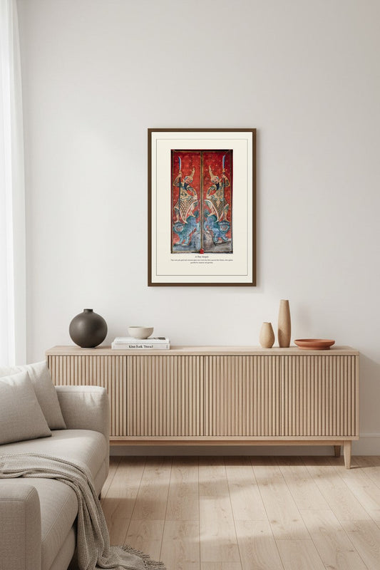 Thai temple guardian panel framed above a light wood sideboard in a living room