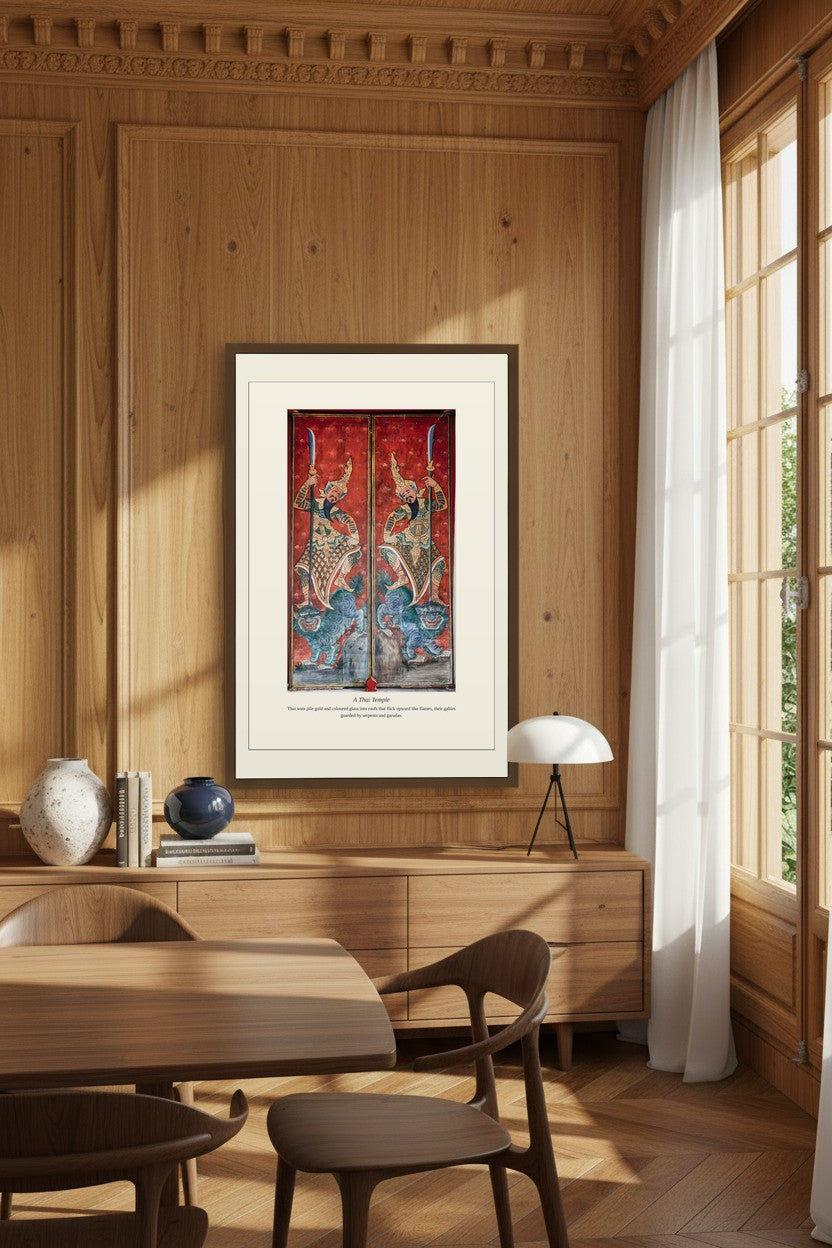 Framed Thai temple guardian print on a plain white living room wall