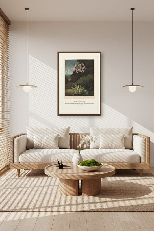 The American Cowslip print framed above a sideboard in a wood-paneled dining room
