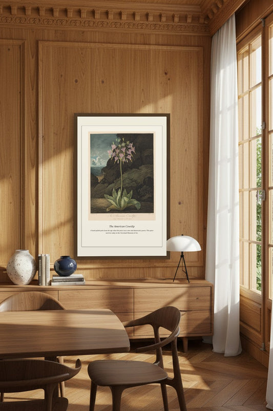 The American Cowslip print framed above a linen sofa beneath pendant lights in a sunlit living room