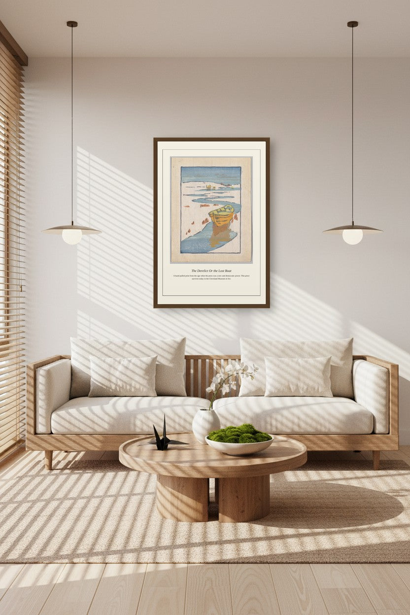 The Derelict Or the Lost Boat woodblock print framed above a low sideboard in a sunlit room with striped light patterns