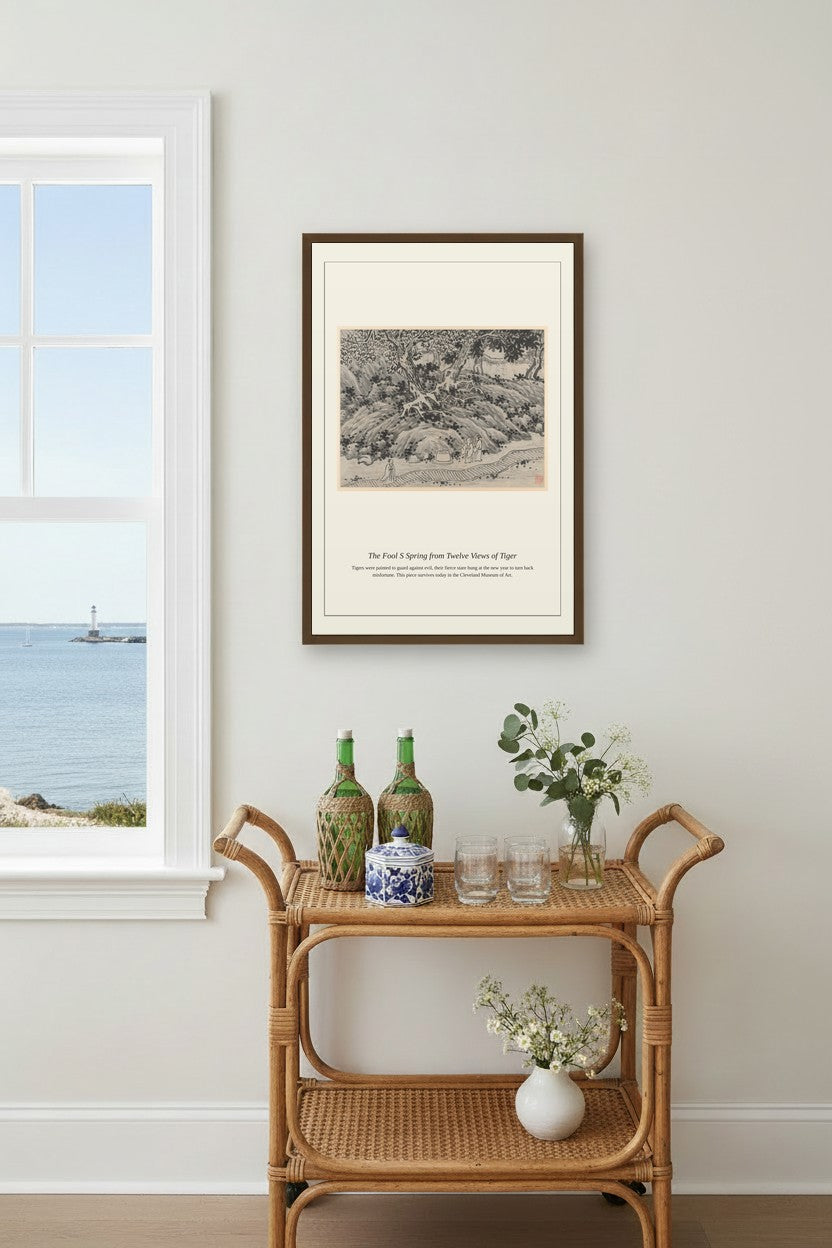 The Fool's Spring from Twelve Views hanging between two curtained windows above a beige sectional sofa