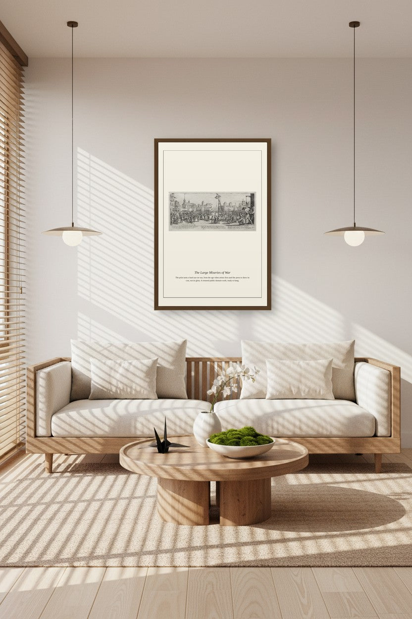 A framed black and white art print hangs on a beige wall above a light wood sofa in a modern, sunlit living room with pendant lights and striped shadows.