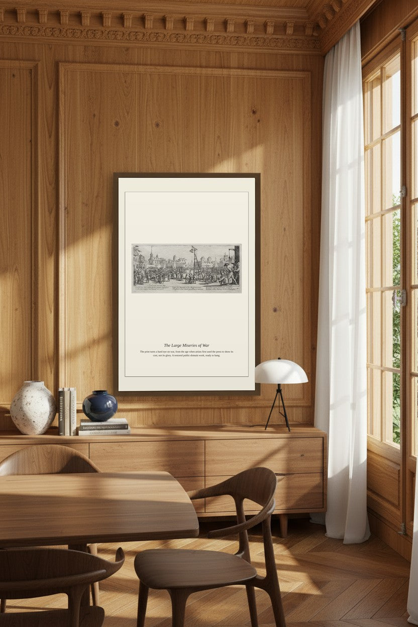 A framed black and white art print titled 'The Large Mirror of Nature' displayed on a wood-paneled wall in a warm, modern dining room setting with wooden furniture and a window.