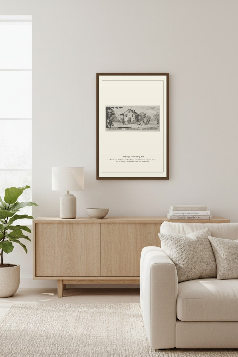 A framed art print with a beige and white abstract design hangs on a light gray wall above a light wood sideboard in a modern living room setting.